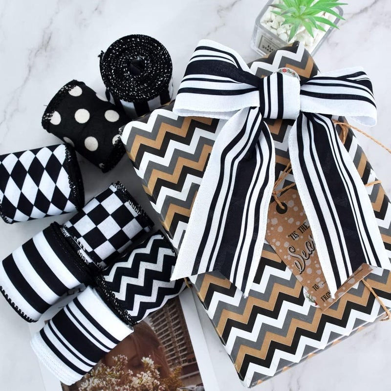 TONIFUL 2.5 Inch Black and White Striped Wired Edge Ribbon, Burlap Ribbon, Blakc White Wired Ribbon for Gift Wrapping, Wreath Bows Making, Crafts Home Party Christmas Tree Decoration（Striped，6yds） - Image 5